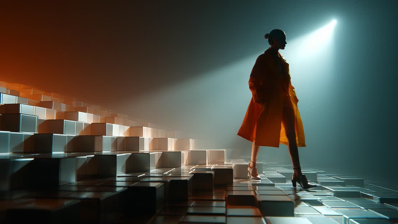 A striking silhouette of a fashion model gracefully ascending a staircase of luminous cubes, illuminated by dramatic lighting, showcasing beauty and elegance in a contemporary setting