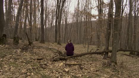 Frau-In-Lila-Jacke-Mit-Rucksack,-Die-Im-Winter-Auf-Einem-Umgestürzten-Baum-Im-Wald-Hoia-Baciu-In-Rumänien-Ruht