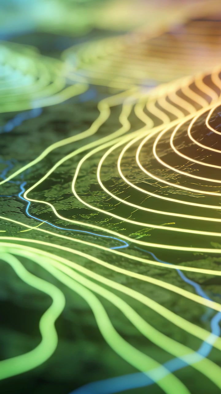 Vertical video: Starting camera zooming, showing lit contour lines in studio with blue line