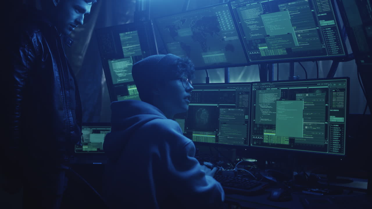 Hackers or programmers working intently in a dark, blue-lit room with multiple computer monitors