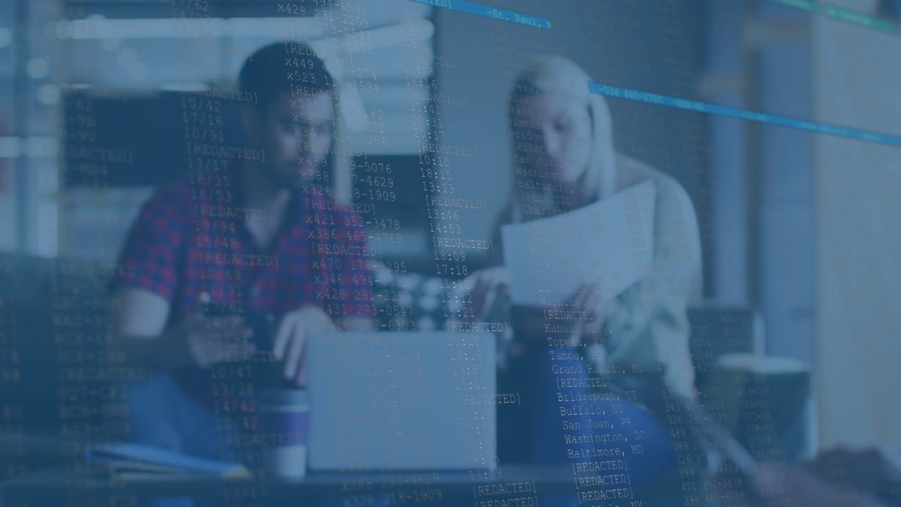 Bearded man tapping tablet in tech lounge, code overlay, blue bars guiding team reviewing laptop