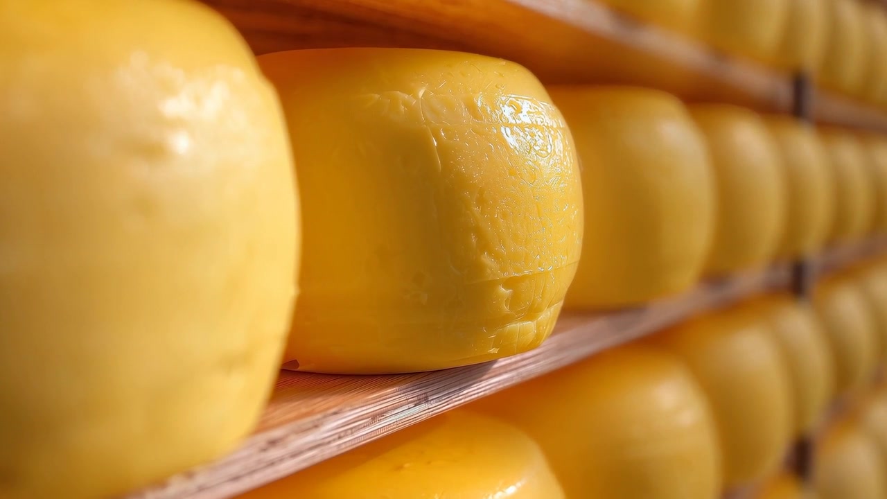 Sporingskamera bevæger sig langsomt langs træhylder i et ostelager, viser voksbelagte ostehjul.