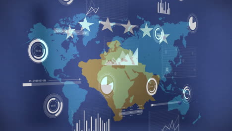 world map with data charts and graphs animation over flag of kosovo