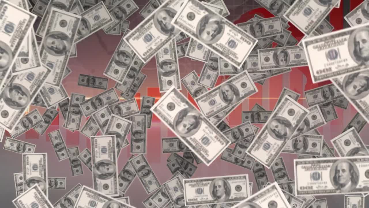 심박수 모니터와 지구 위에 떠다니는 미국 달러 지폐의 애니메이션