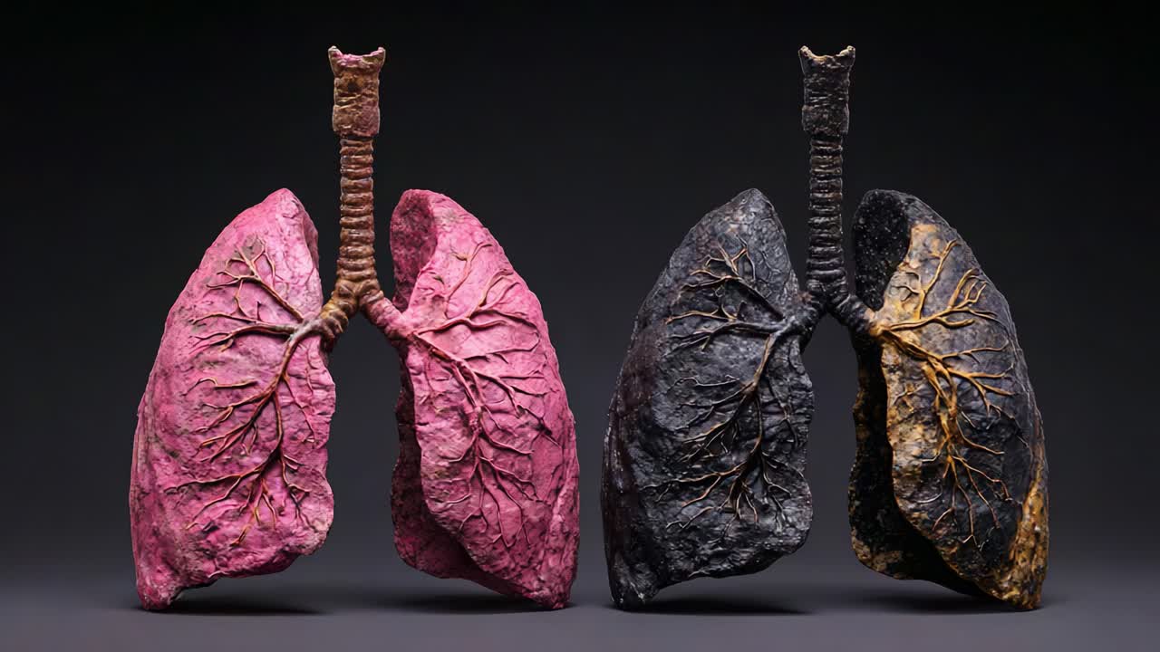 A striking visual comparison of two sets of lungs, showcasing vivid colors and textures, representing the contrast between healthy and unhealthy respiratory organs in an artistic manner