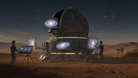 exploring the depths of space: astronauts analyzing galaxies in a futuristic observatory on a distant planet under starry skies