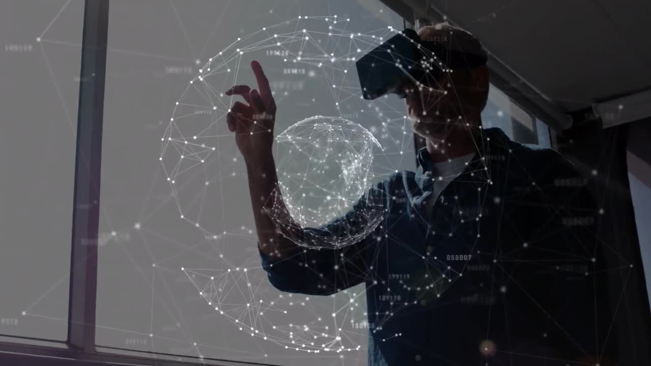 Animation of network of connections over man wearing vr headset
