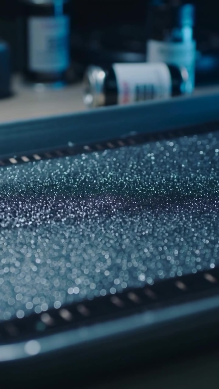 Vertical video: Cam shifting focus, shiny bead tray showing fine detail on workbench, blurred jars