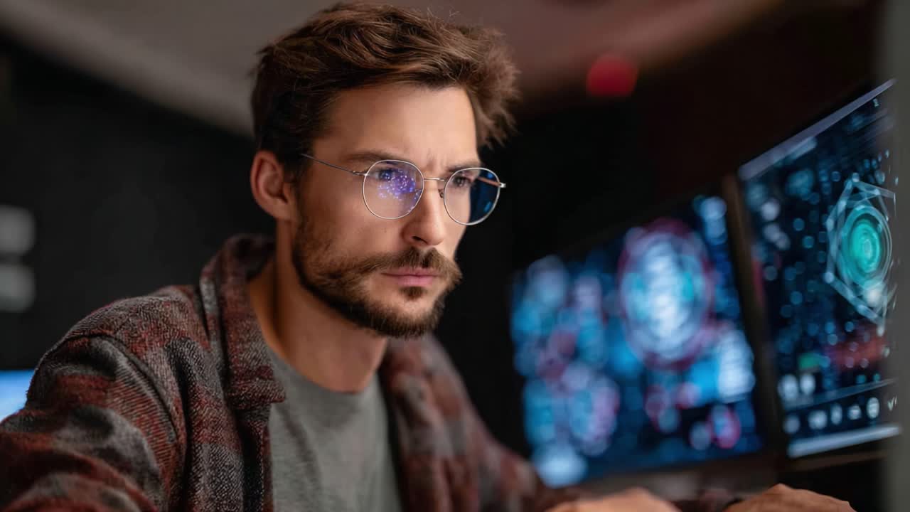 Focused Young Professional Analyzing Complex Data on High-Resolution Monitors in a Modern Tech Environment with Intricate Visualizations Surrounding Him