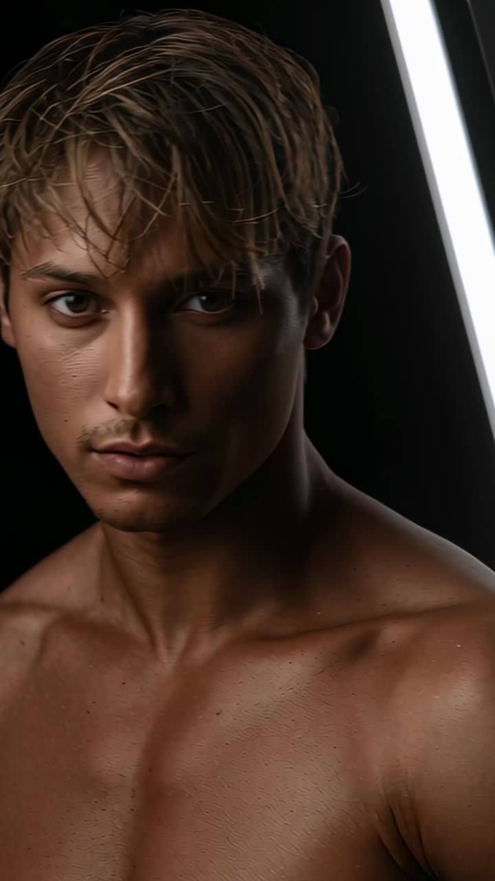 Video verticale: Modello a torso nudo in posa che si gira verso la telecamera per uno studio di ritratto su un set con tubo LED.