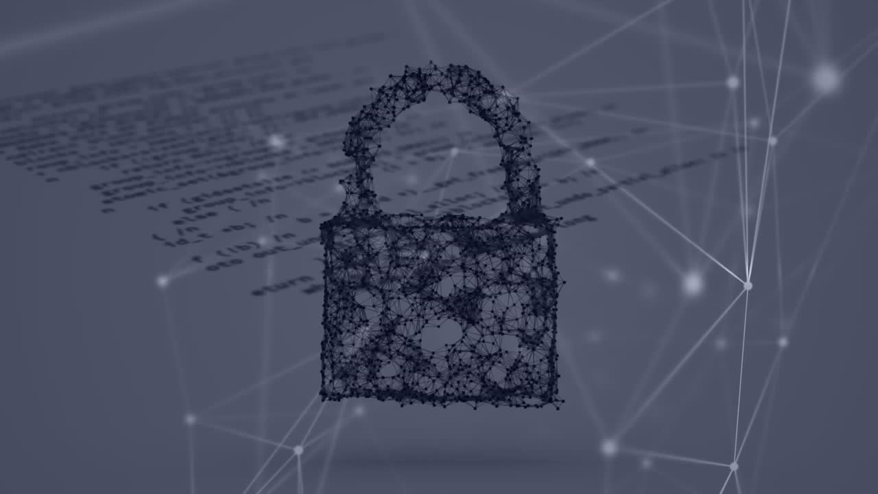 animación de puntos conectados candado con lenguaje informático y puntos conectados sobre fondo blanco