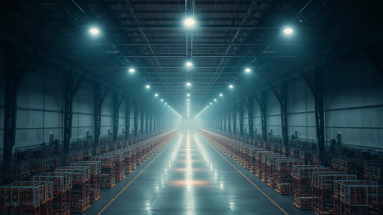 Starting camera holding on warehouse aisle beneath LEDs, panning across shimmering floor and cages