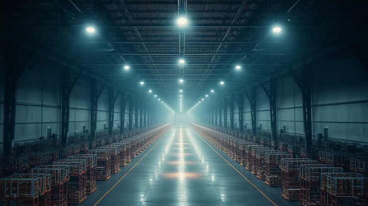 Starting camera holding on warehouse aisle beneath LEDs, panning across shimmering floor and cages