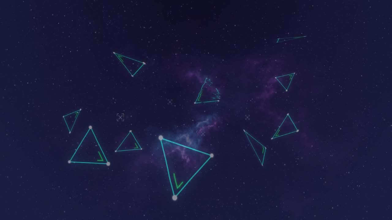 animación de formas triangulares de neón, procesamiento de datos y estructuras moleculares sobre fondo púrpura