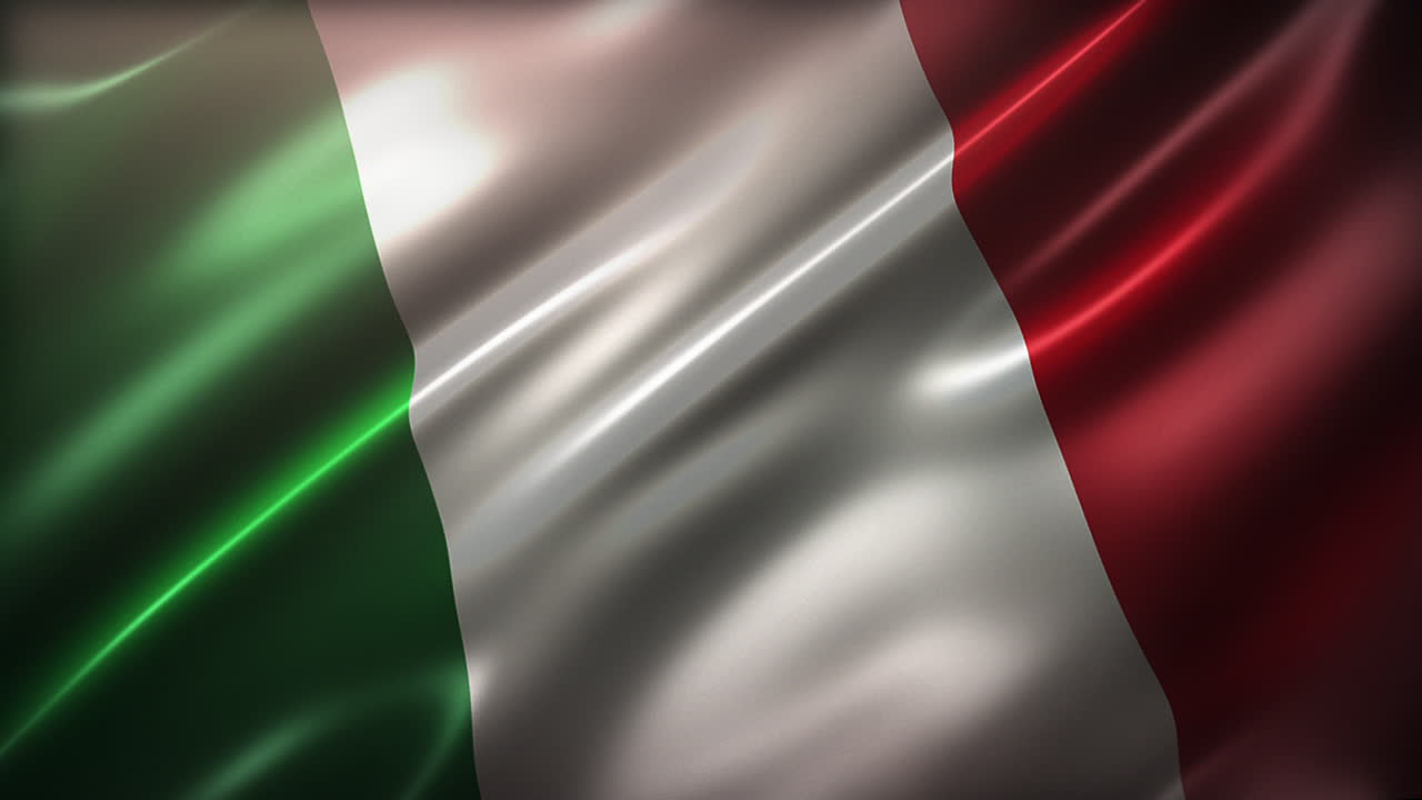 Flag of Italy, high-angle, perspective view, waving in the wind, realistic with a cinematic look and feel, and elegant silky texture, dynamic flowing, CG animation seamless loop-able
