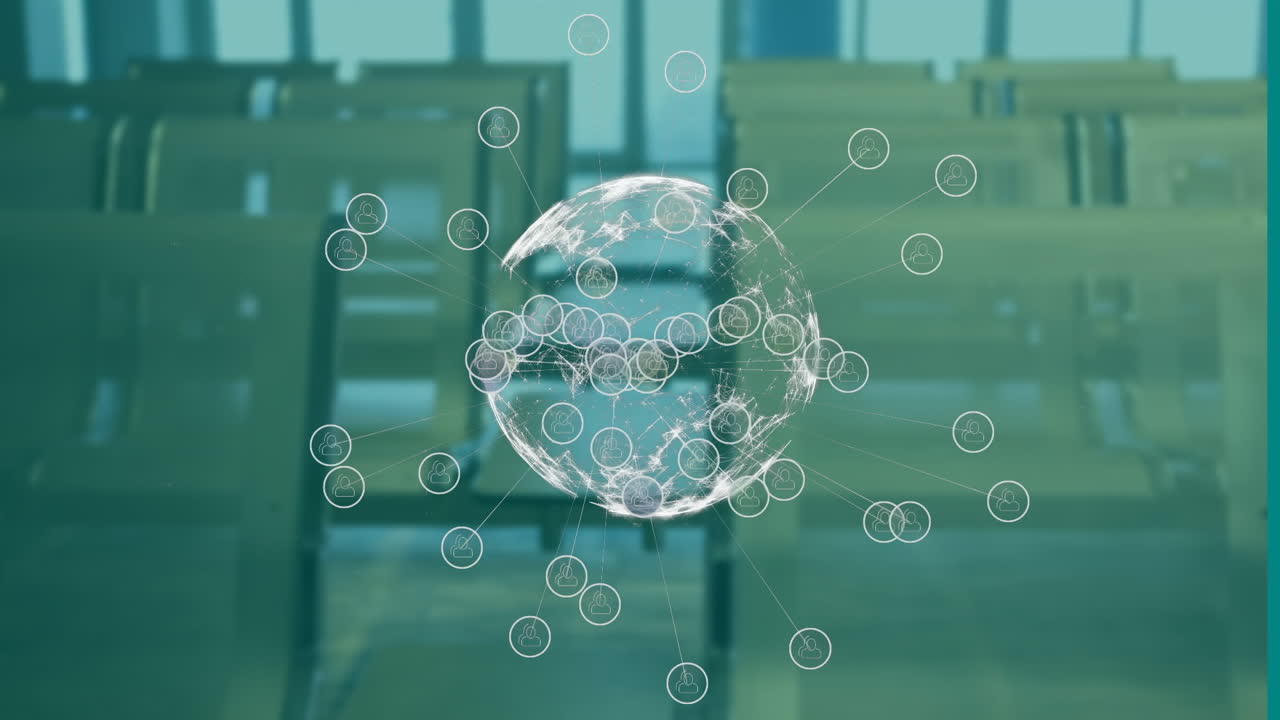 책상과 의자가 있는 빈 교실 위의 글로벌 네트워크 연결 애니메이션