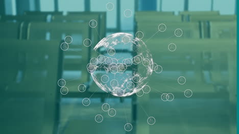 global network connections animation over empty classroom with desks and chairs