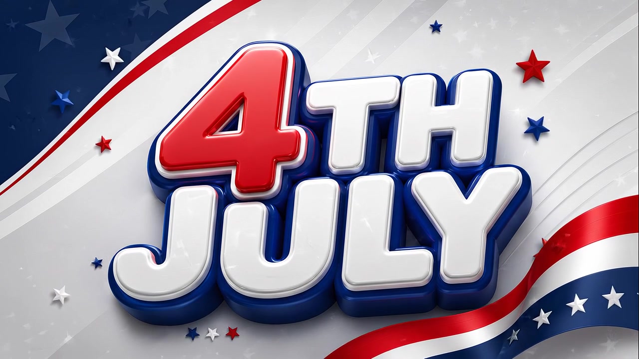 Large patriotic Fourth of July text surrounded by stars and flowing flag elements