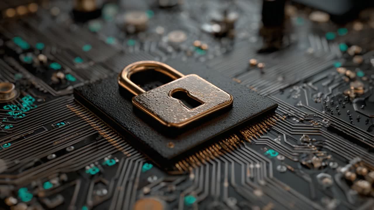 A Close-Up View of a Golden Lock on a Black Circuit Board, Symbolizing Data Security, Cyber Protection, and Digital Safeguards in Modern Technology