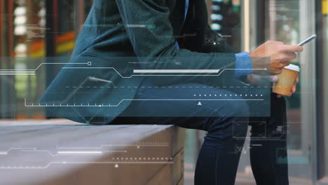 animation of data processing over businessman using smartphone