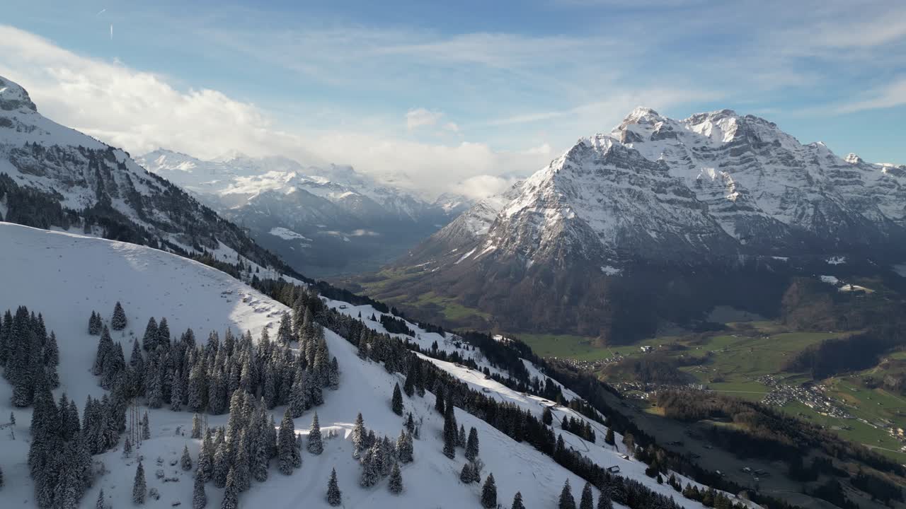 panorámica aérea a través del bosque alpino cubierto de nieve en las montañas y el prado herboso en la base del valle