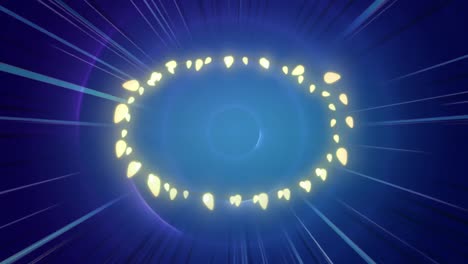 Animation-of-fairy-lights-forming-oval-frame-with-copy-space-on-pulsating-blue-circles