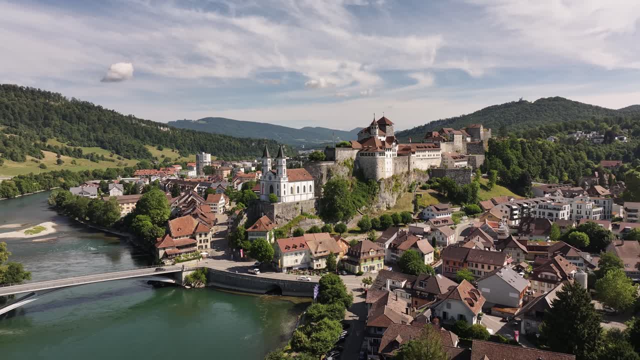 Aerial view of Aarburg Castle and church by the Aare River in Solothurn, Switzerland