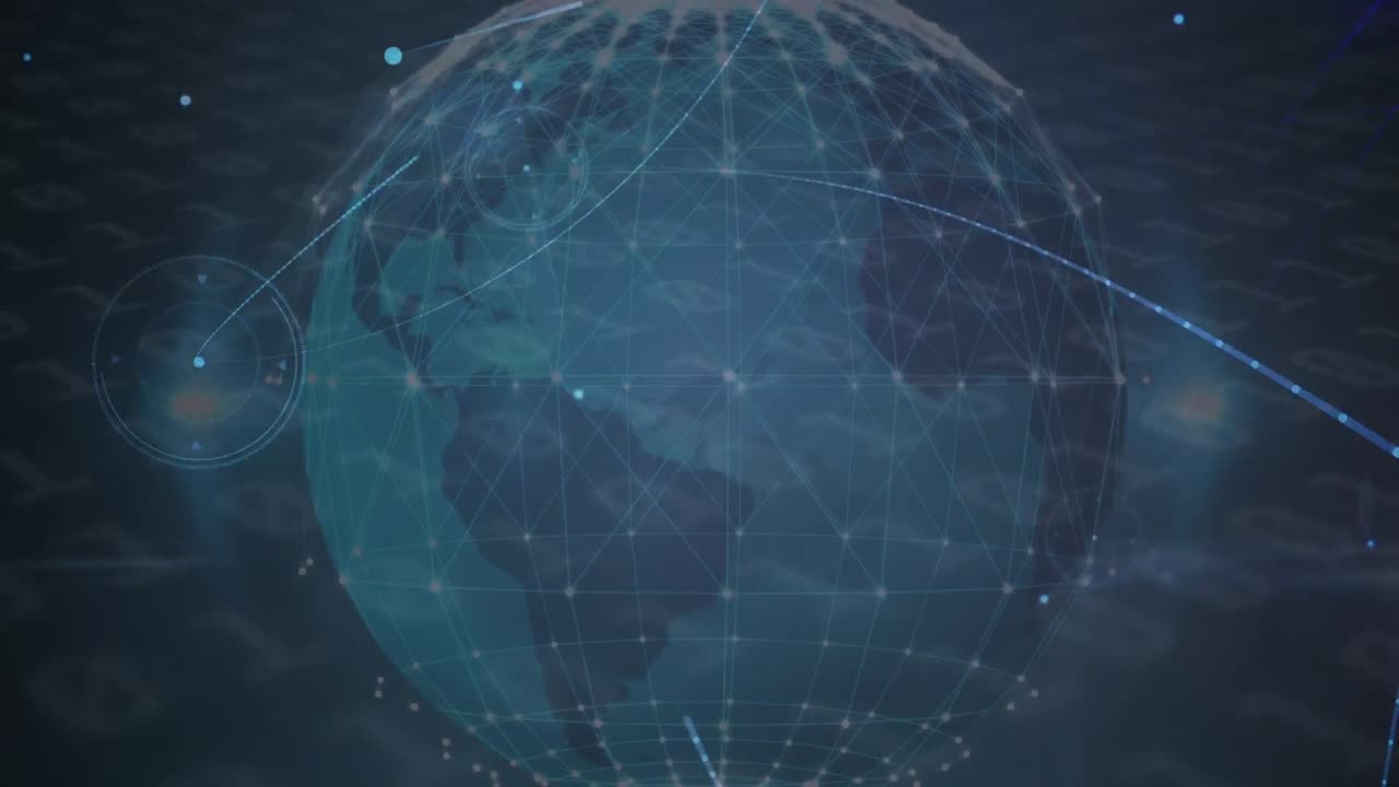 Animation of network of connections and globe over dark background