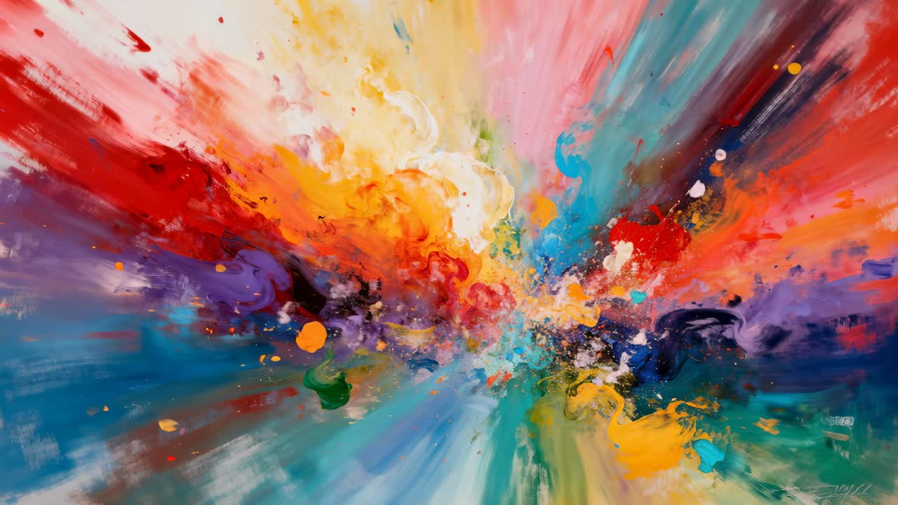 Animazione che inizia, mostrando uno scoppio di pittura astratta che si espande su tela per creare profondità, con schizzi.