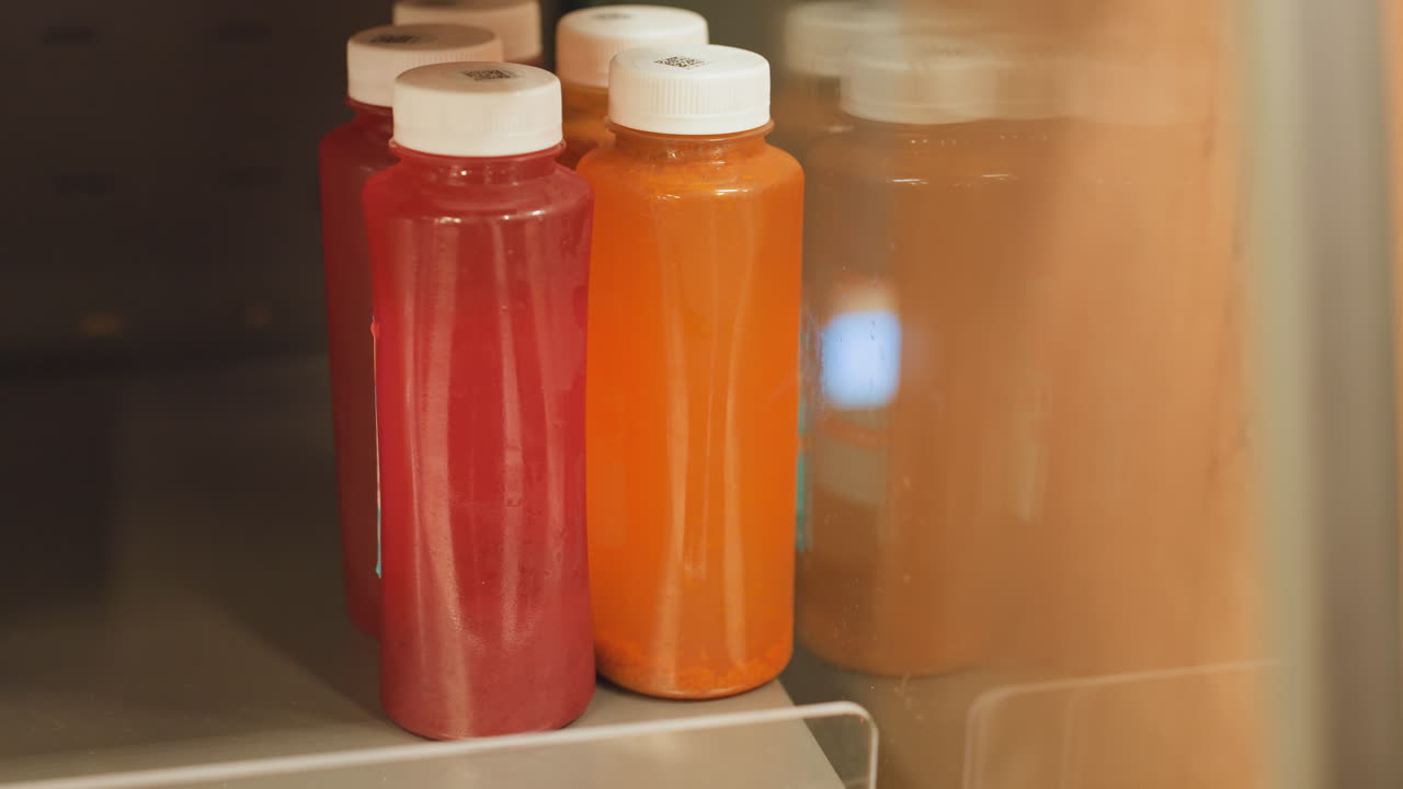 Garrafas de suco gelado na prateleira da geladeira, mão alcançando para pegar bebidas vibrantes vermelhas e laranjas no refrigerador de loja de conveniência, close-up de tampas de plástico e condensação, reabastecimento de varejo e cliente