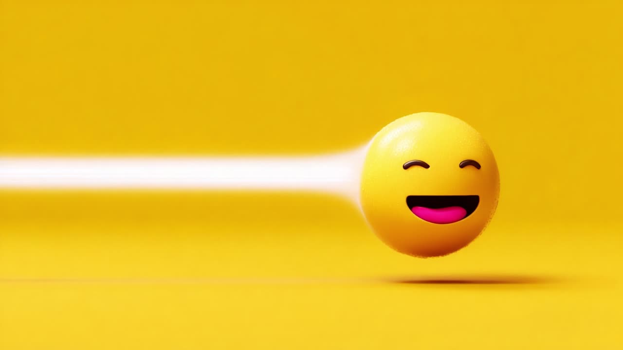 A cheerful yellow smiley face emoji flies through a bright yellow background, radiating joy and positivity, capturing the essence of happiness in motion with its playful expression