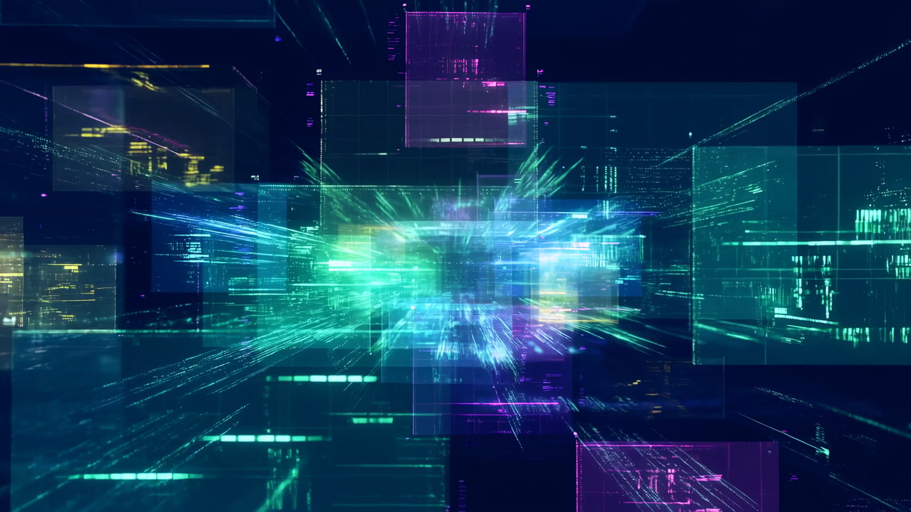 Colorful Digital Data Panels Racing Forward Through Interface, Fragmented Holographic Cubes And Panels Form