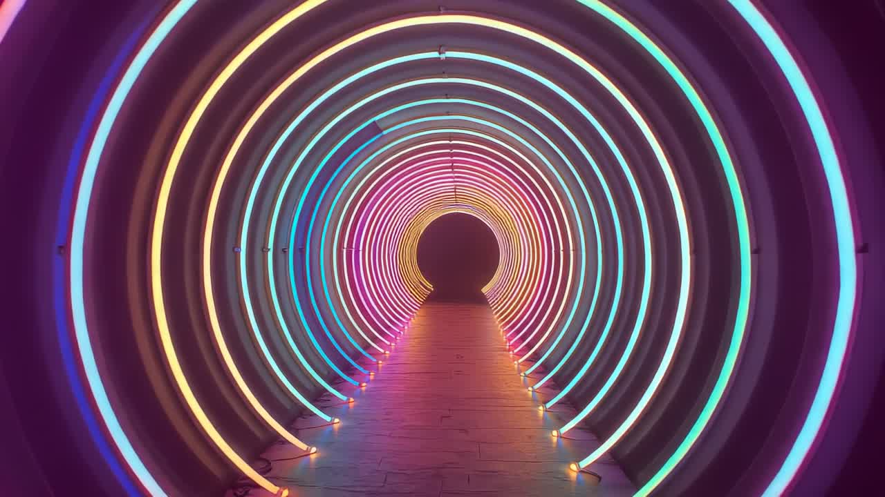 Moving camera starting at gallery corridor entrance, traversing tunnel showcasing cycling LED rings