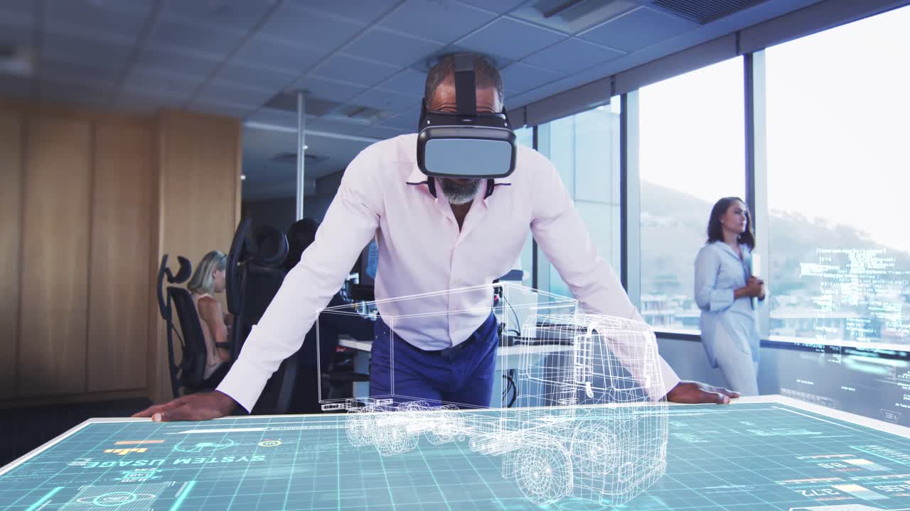 Animation of a businessman wearing a VR headset with a 3d plan on a table