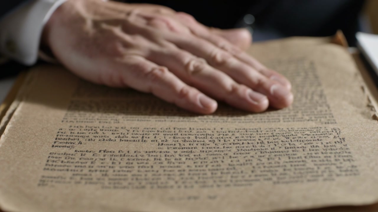 Archivist placing right hand and sliding over worn page, smoothing text to preserve document