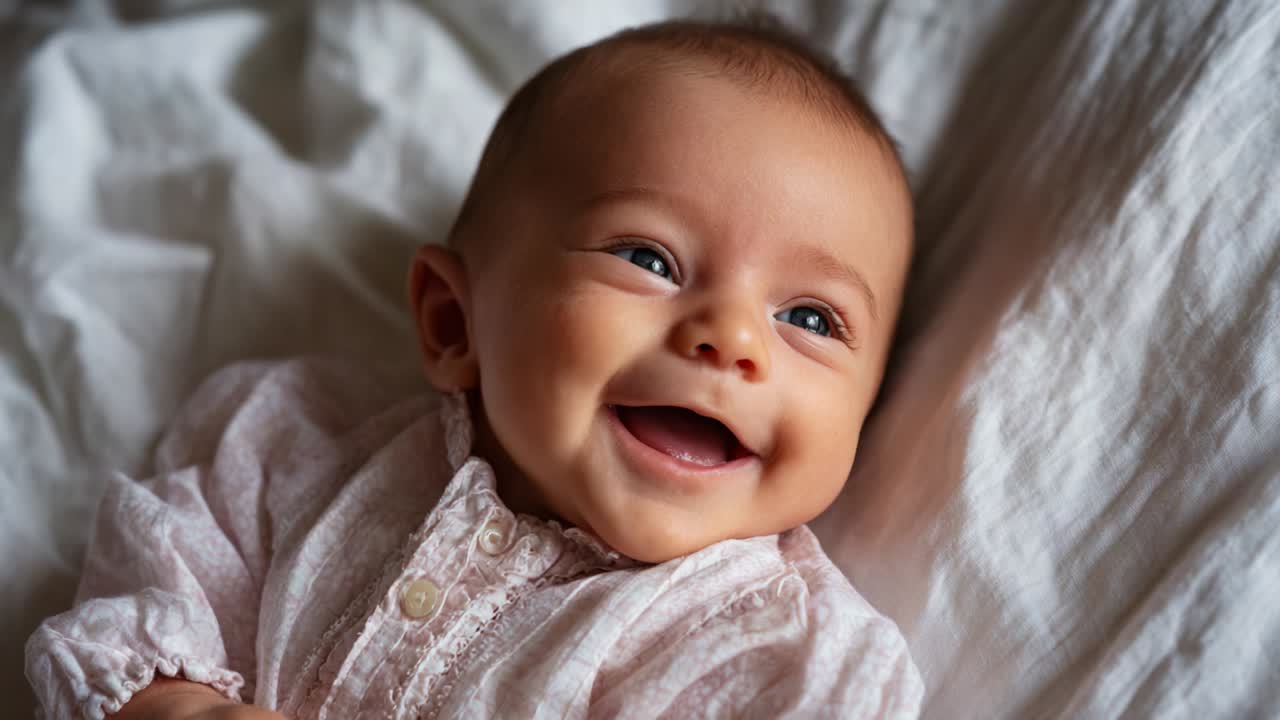 A Joyful Infant Beaming with Happiness Captured in Two Frames, Delightfully Smiling and Radiating Pure Joy on a Soft Bed of Fabric, Highlighting Innocence and the Beauty of Early Childhood