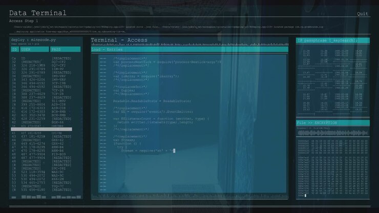 Animation showing code processing on digital terminal screen in school setting