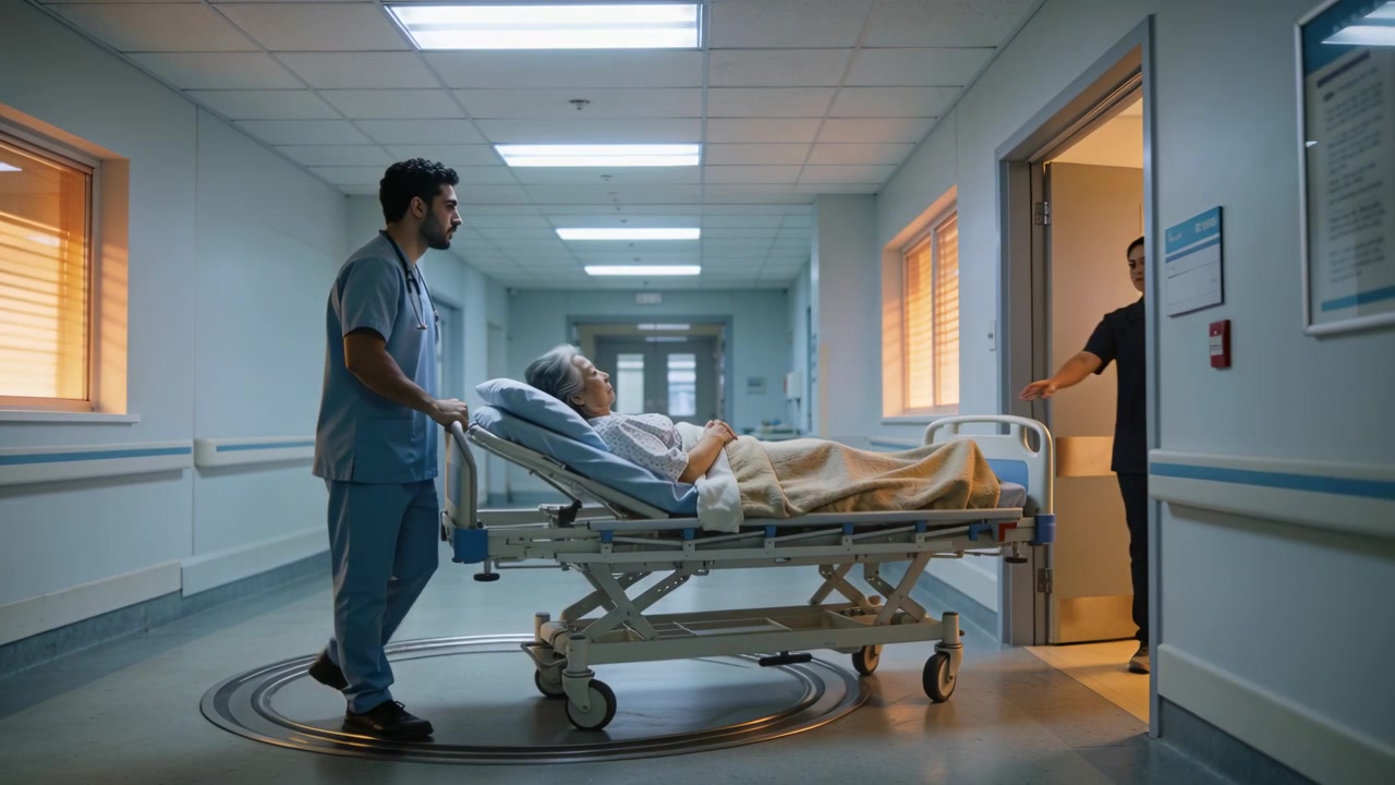 Starting transfer, male carer in blue scrubs pushing gurney down corridor, moving patient into room