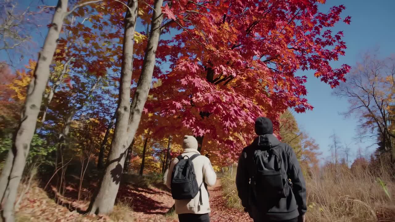 A dynamic video captures two people walking through a vibrant autumn forest