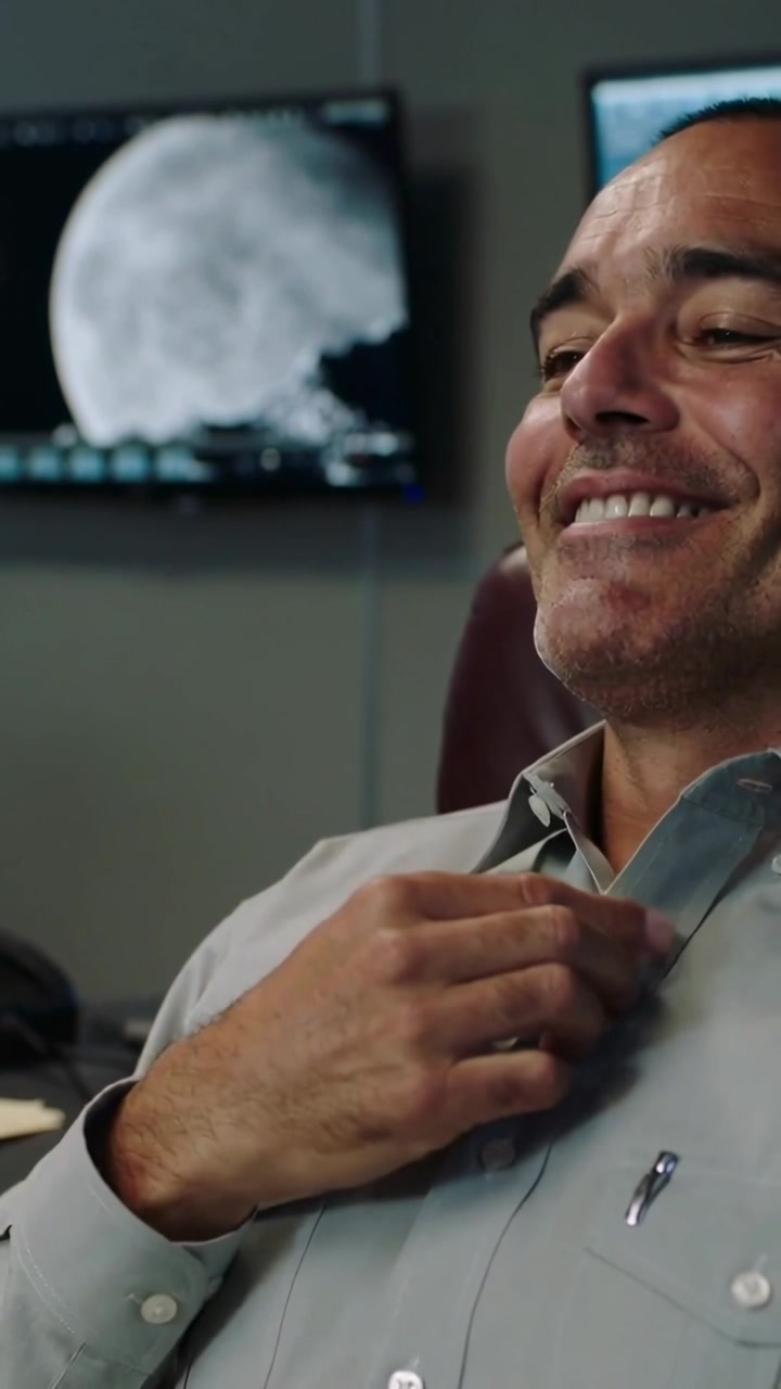 Vertical video: Smiling man reaching collar, relaxing and smoothing shirt at office with monitor
