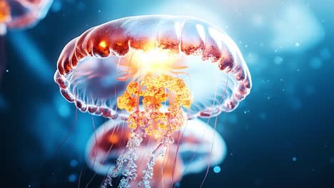 vibrant jellyfish in deep sea. jellyfish glide gracefully through deep blue waters, glowing softly with vibrant colors under filtered light.