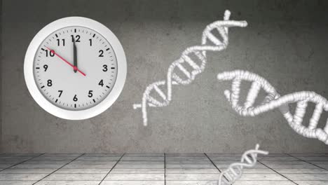 Animation-Einer-Uhr,-Die-Sich-über-DNA-Stränge-Auf-Grauem-Hintergrund-Bewegt