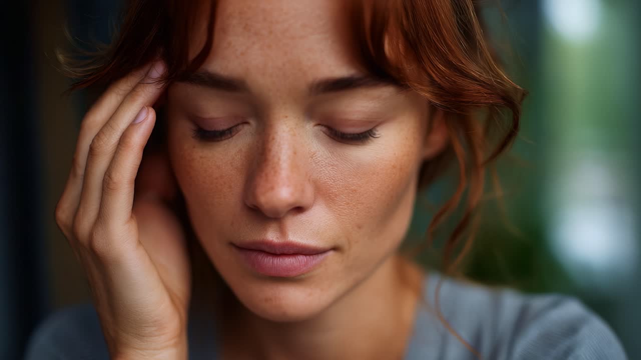 A contemplative moment: a young woman with reddish-brown hair gently touching her face, lost in thought, reflecting an air of introspection and quiet contemplation