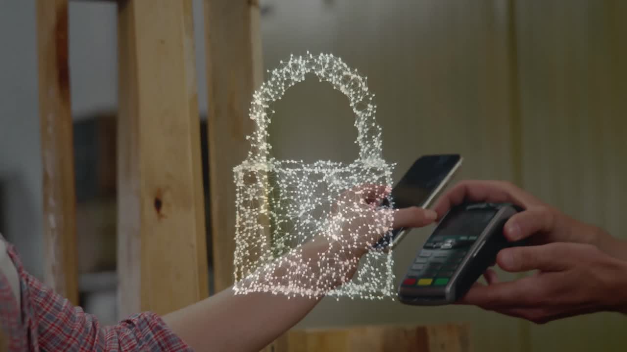 animación del candado de seguridad de la red sobre las personas que utilizan el terminal de pago