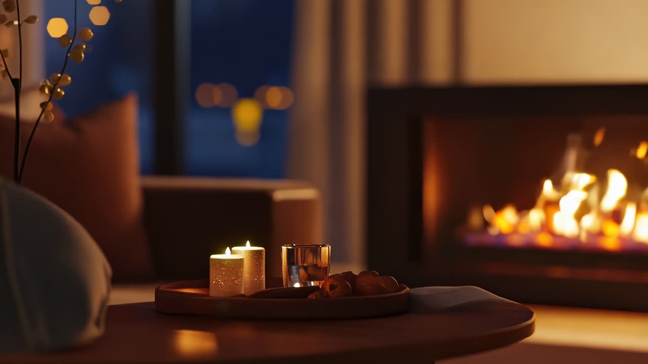 Cozy living room scene with candles and snacks on a table, warm fireplace in the background
