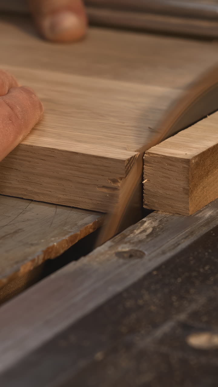 Mani che segnano un pannello di legno con matita e squadra sulla guida di una sega da banco, tracciatura precisa per la falegnameria, tonalità calda