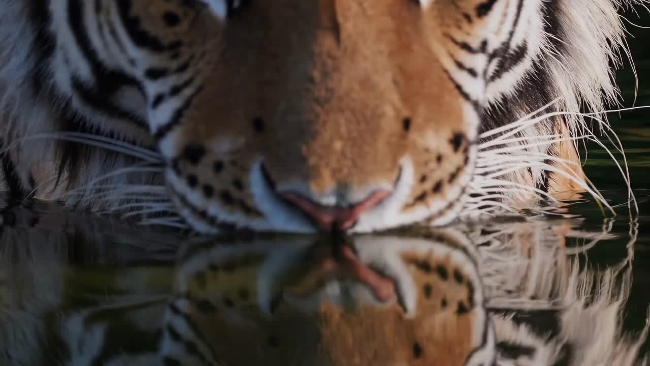 Close-up video of a tiger drinking water, shot from a low angle, capturing the reflection