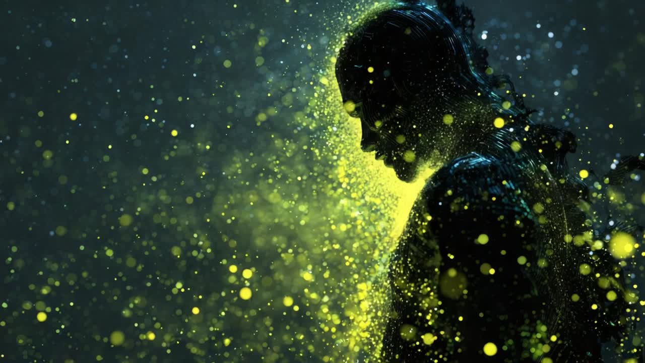 Profile of a melancholic female silhouette disintegrating into a cloud of glowing yellow particles, symbolizing concepts of memory, spirituality, dreams, artificial intelligence, and loss