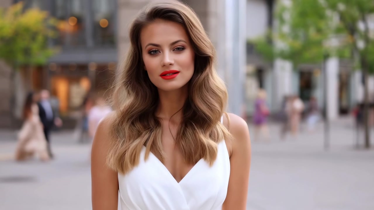Brunette Caucasian Woman In City Wearing White Dress, Red Lipstick And Wavy Hair Confident Gaze, Blurred