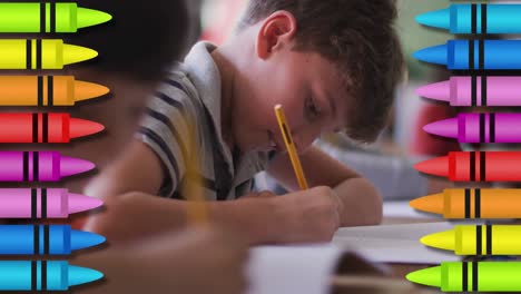 Digital-composite-video-of-colored-crayons-against-school-boy-studying-at-school